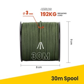 Brotree Paracord 3 mm 30 m 100% Nylon Rope Cord Type II Paracord 425 with 3 Cores for Survival, Outdoor, Bracelet, Crafts, Breaking Load 192 kg (Army Green)