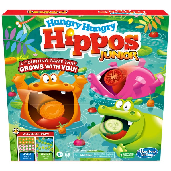 Hungry Hungry Hippos Junior Board Game, Preschool Games Ages 3+, Kids Board Games for 2-4 Players, Kids Games, Counting & Number Game