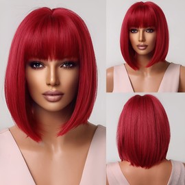 Akkya Red Bob Wigs with Bangs for Women Short Colored Straight Synthetic Hair Red Wig for Party Costume Cosplay (12inch,Red)