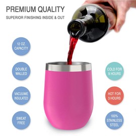 CHILLOUT LIFE 12 oz Stainless Steel Wine Tumblers 2 Pack - Double Wall Vacuum Insulated Wine Cups with Lids and Straws Set for Coffee, Wine, Cocktails - Hot Pink