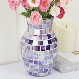 Purple Vase for Flower, Lavender Mosaic Glass Vases for Dried Flowers, Handmade Modern vases for Home Decor, Decorative Vase for Living Room, Kitchen, Wedding