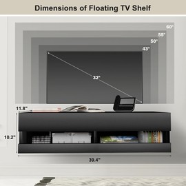 HIDODO Floating TV Shelf Wall Mounted TV Stand, Floating Entertainment Center Under TV Shelf Floating Media Console with Storage for Living Room and Bedroom, Black