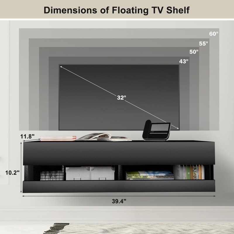 HIDODO Floating TV Shelf Wall Mounted TV Stand, Floating Entertainment