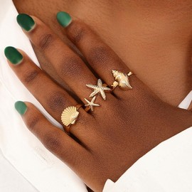 GLMOCM Gold Starfish Ring for Women Summer Shell Rings Beach Seashell Rings Adjustable Open Statement Rings for Women Summer Beach Jewelry Gifts (gold set)