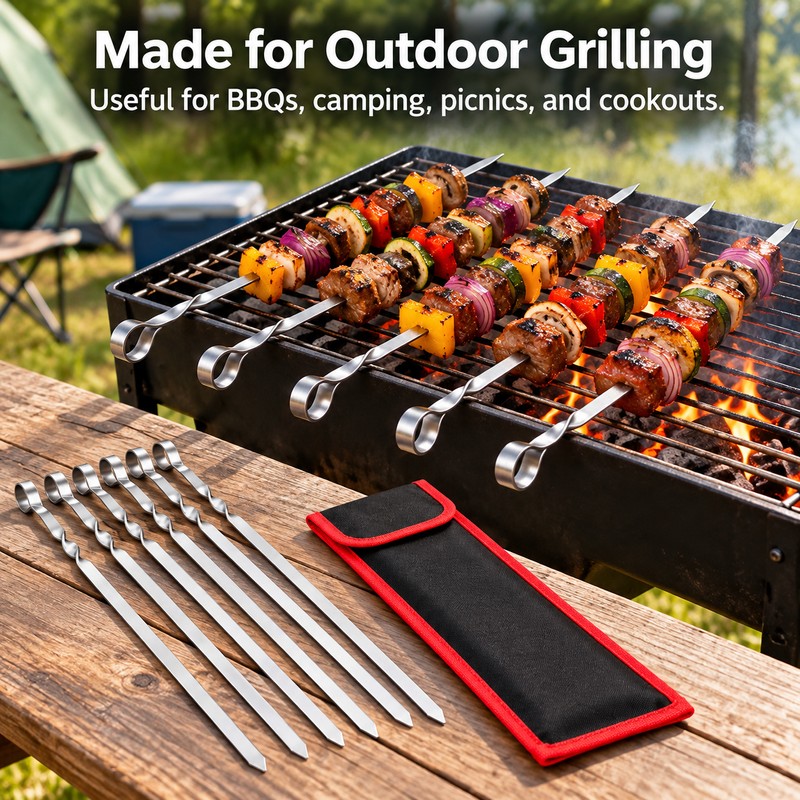 6-Piece Stainless Steel BBQ Skewer Set for Grilling – Flat