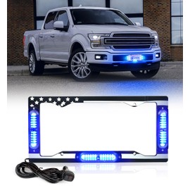 Xprite 36 LED License Plate Strobe Light, US Flag Front/Rear Police Lights, 22 Flash Modes Emergency Safety Warning LED License Frame for Police Cars Vehicles Trucks, Blue (w/Pre-Installed 9FT Cable)
