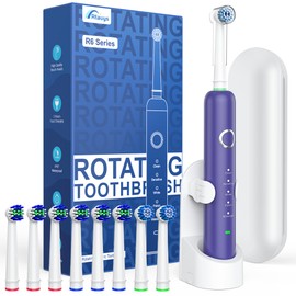 Rtauys R6 Rotating Electric Toothbrush for Adults, Fast Charge, Come with 8 Brush Heads (2 Types) and Travel Case, 5 Modes, 50000VPM Powered Toothbrush, 2 Minute Timer