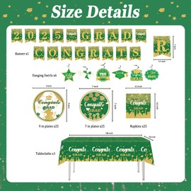2025 Graduation Party Decorations – Green Graduation Party Dinnerware Set for 25 Guests, Includes Plates, Napkins, Tablecloth, Banner, Hanging Swirls – Grad Supplies Kit