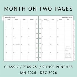 2026 Weekly Planner Refills for Happy Planner Classic Notebook - 9 Discs Punched, Two Pages Per Week, Jan 2026 to Dec 2026, 7" x 9-1/4"