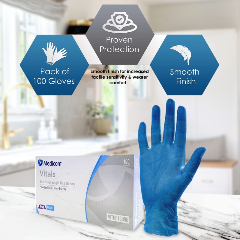 Medicom Vitals Vinyl Disposable Gloves - 100 Count - Medium