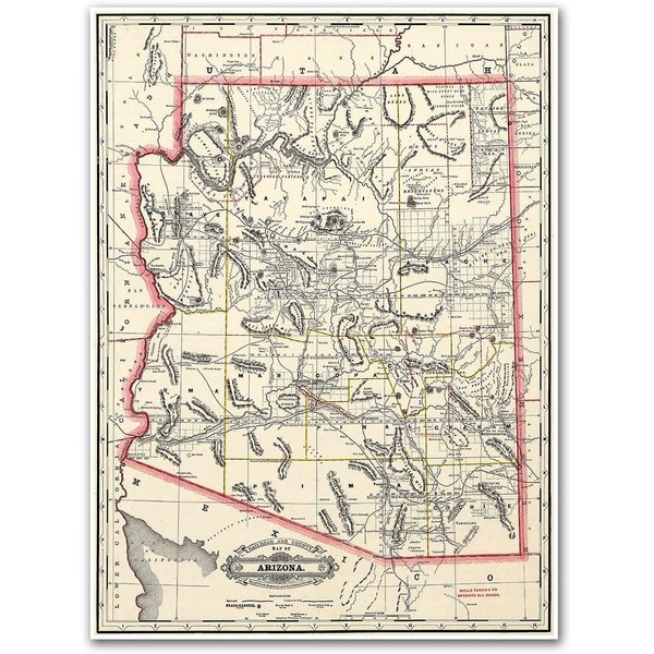 Antiguos Maps - Railroad & County Map of Arizona by George Cram Circa 1887 - Measures 18 in x 24 in (457 mm x 610 mm)