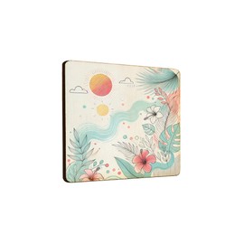 Wooden Fridge Magnet Tropical Floral Design with Sun and Waves, Natural Wood Accent for Kitchen Decor (mag-kf25-1325)
