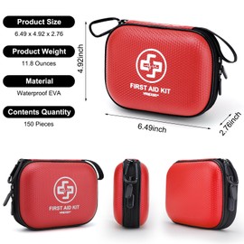 Mini First Aid Kit - 150 Piece Small Waterproof Hard Shell Medical Kit for Home, Car, Travel, Camping, Truck, Hiking, Sports, Office, Vehicle & Outdoor Emergencies- Small First Aid Medical Kit (Red)