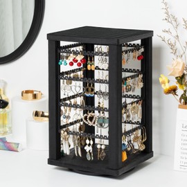 Emfogo 360 Earring Holder Organizer, Rustic Wood Earring Stand, Rotating Wooden Display, 4 Tiers Earring Organizer Stand for Stud Earrings, Hoop Earrings & Necklaces, Women Gifts