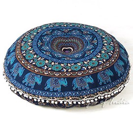 Eyes of India - Mandala Floor Pillow Cover Meditation Cushion Seating Throw Hippie Round Colorful Decorative Bohemian Indian Pouf Ottoman Handmade Cover ONLY (M1 Dark Blue, 32" x 32")