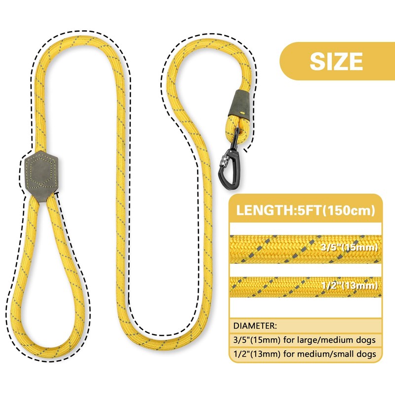 KirryKiky Rope Dog Leash 5 FT with Highly Reflective Threads,