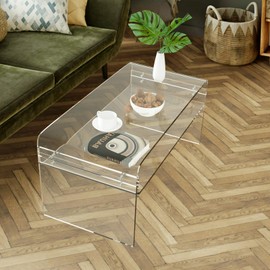 Acrylic Coffee Table, 31.5" Clear Coffee Table with Storage Shelf, Rectangle Centre Table, Modern Coffee Table for Living Room, Office，31.5" L x 15.8" W x 15" H