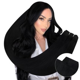 Ugeat Sew in Hair Extensions Jet Black Hand Tied Weft Human Hair Extensions For Women Remy Hair Extensions Real Human Hair Sew in Extensions Brazilian Straight 16 inch 105G