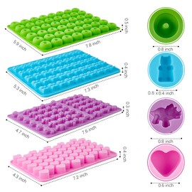 JOERSH Gummy Bear Molds, 4 Silicone Candy Molds with 4 Droppers, Non-Stick Silicone Gummy Molds Including Bear, Heart, Dinosaur and Mini Donut