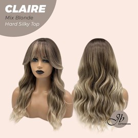 JBEXTENSION 22 Inches Scalpiana 3.5X4 Hard Silky Top Natural Scalp Effect Women Wig With Bangs CLAIRE SILKY TOP:_Mix Blonde