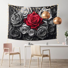 FAMEMBERPERS Rose Tapestry, Red Flower Black Background Wall Blanket Floral Flower Tapestry Wall Hanging Plant Botanical Nature Tapestry Black And White Style ​tapestry For Bedroom Living Room Wall