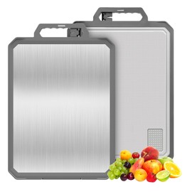 Cutting Board Double Sided, Large Size 17.2”×12” Non Toxic Chopping Board for Kitchen, Stainless Steel & Wheat Straw PP, Food Grade, Non-Slip Silicone Edge, Easy to Clean