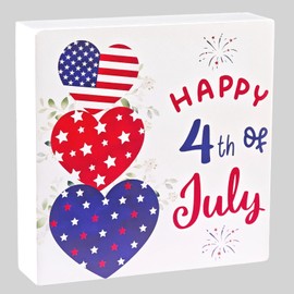 4th of July Decorations Patriotic Table Decor Red White and Blue Decorations for Home Fourth of July Room Heart Wooden Sign 5.9 x 5.9 Inch