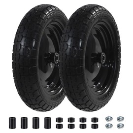 4.80/4.00-8 Flat Free Tire and Wheel, 14.5” Wheelbarrow Tire with 5/8” Extra 3/4” Bearings, 3”-7” Centered Hub, Solid Wheelbarrow Tires for, Garden Cart, Dolly (2 pack)