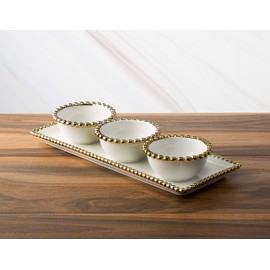 Classic Touch Decorium White Porcelain 3 Bowl Relish Dish and Tray with Gold Beaded Design on Edge-Measure: 14.5" L