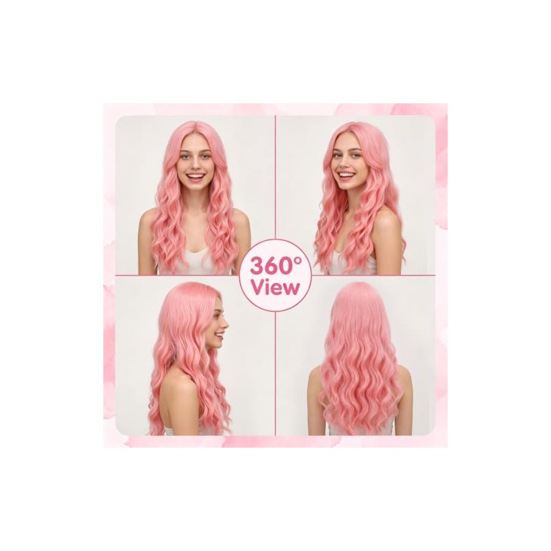 24 In Long Light Pink Wavy Wig for Women