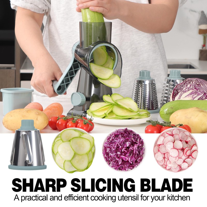 Cheese Grater Cheese Shredder with 3 Interchangeable Blades, Rotary Cheese