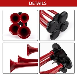 150db 12V Train Horn Kit，Red 4 Speakers， Air Horn With Compressor Compatible For Trucks Cars Semi Trailers Pickup Motorhome SUV Truck Train And Other Vehicles， Ultra Loud BD