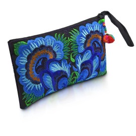 AeraVida Fairy Tale Birds in Floral Dark Blue Boho Embroidered Clutch Wristlet Bag