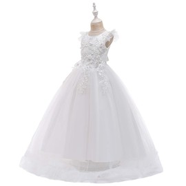 Big Little Girl Princess Embroidery Flower Lace Long A Line Pageant Dress Kids Floor Length Prom First Holy Communion Bowknot Dress Puffy Tulle Maxi Ball Gown for Wedding Party Birthday White 7-8