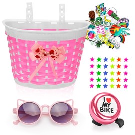 Suerico Kids Bike Basket for Girls Boys,Bicycle Basket with Bike Bell Stickers Wheel Spokes Riding Sunglasses,Kids Bike Decorations Accessories
