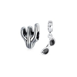 Set of Two Black Movie Star Sunglasses & Tourism South Western Sonoran Desert Vacation Cactus Charm Bead For Women For Teen Oxidized .925 Sterling Silver Fits European Bracelet