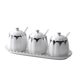 MilkyWay Set of 3 Ceramic Condiment Pots Sugar Bowl,Porcelain Sugar Holder with 1Tray, Lid and Spoon Salt Container Modern Seasoning Jars for Counter Home and Kitchen (White silver)