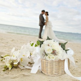 Flower Girl Basket with Pearl Handle Wedding Flower Basket Cute Rattan Wicker Basket with White Ribbon Wicker Storage Basket Decorative Baskets for Home Decor