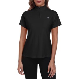 MoFiz UV Shirt Women's Short-Sleeved Rash Guard 1/4 Zip UPF 50+ Swimming Shirt Quick-Drying Surfing Functional Shirt, black, L