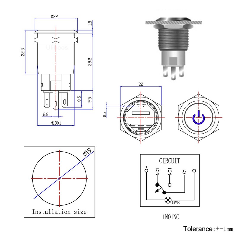 Ulincos® Latching Pushbutton Switch U19C1 1NO1NC SPDT ON/Off Silver Stainless