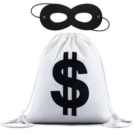 Xuniea 46 cm x 37 cm Dollar Money Bag Pack of 2 Bank Robber Costume Tank Cracker Gym Bag with Dollar Sign Money Bag and Bandit Eye Mask Black Carnival Burglar Cosplay for Carnival