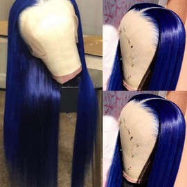 QD-Tizer Blue Lace Front Wigs for Fashion Woman Long Straight Navy Blue Hair Heat Resistant Fiber Hair Synthetic Lace Front Wigs 24 Inch