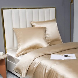 Damier Bed Linen 135 x 200 cm, Beige Satin Duvet Cover Set, Plain, Smooth, Shiny, High Quality Satin Deluxe Duvet Cover with Zip and Pillowcase 80 x 80 cm