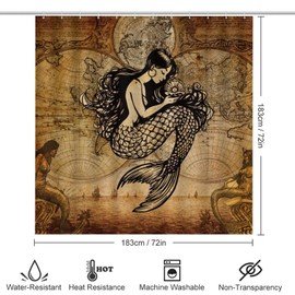 Denruny Rustic Nautical Mermaid 4 Pcs Waterproof Shower Curtain Set,Vintage Coastal Theme Old Maps Pirate Ship Print with Waterproof Toilet Cover Shower Mat Rugs