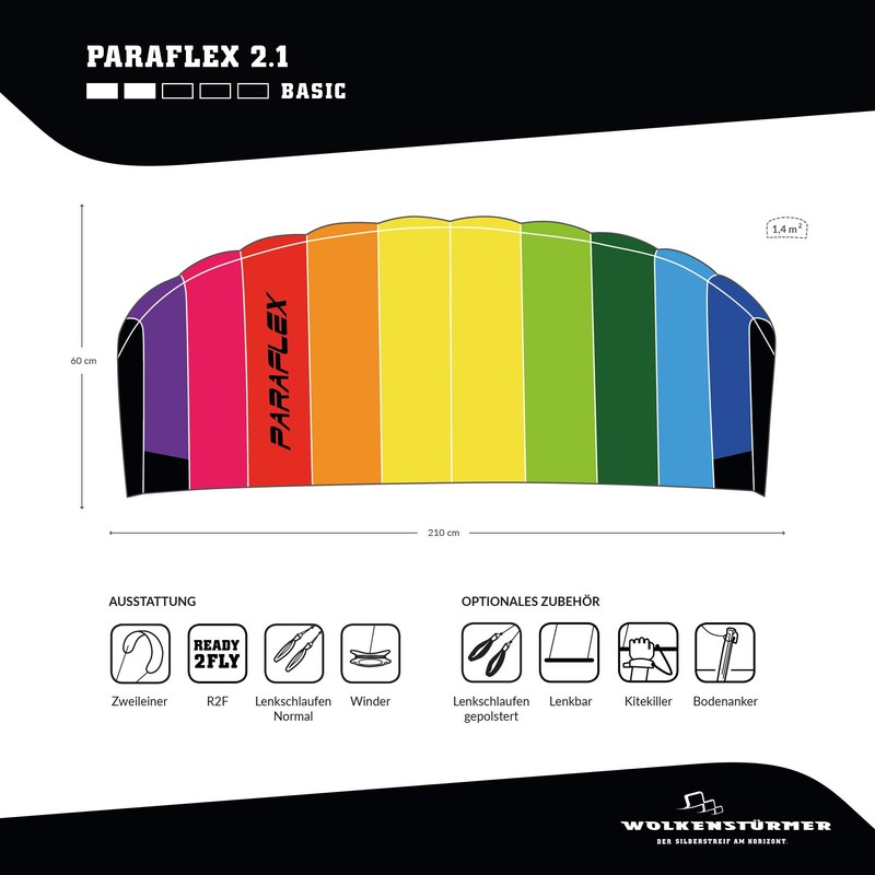 Wolkenstürmer Paraflex basic 1.2 - SE 2-line parafoil kite, multicolour,