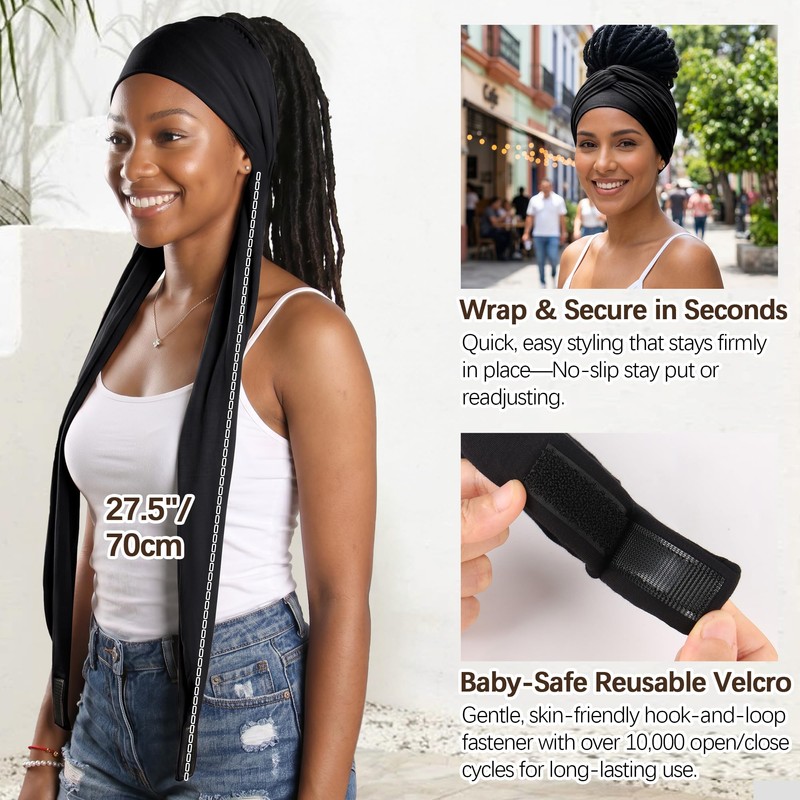 Satin Lined Open Turban Headband Anti-Friction Hair Head Wrap,Black