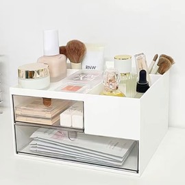 kulusion Desk Drawer Organizer, Desk Storage Box with 2 Drawers and 4 Compartments, Multifunctional Desk Accessories & Countertop Organizers for Office School Home (White