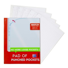 Oxford Tear-Out Pad of Poly Pockets, 60 Punched Plastic Wallets A4, Heavy Duty