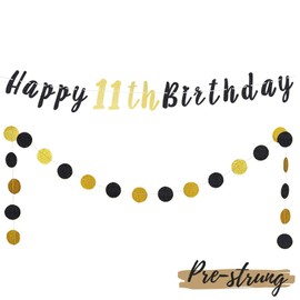 LASKYER Happy 11th Birthday Bunting Banner with Black & Gold Glitter Circle Dots Set Perfect for Eleven Years Old Birthday Party Decorations.
