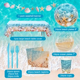 LASLU Beach Party Supplies,170Pcs Ocean Waves Birthday Party Supplies Tableware Set Summer Pool Party Decorations Plates,Cups,Napkins,Banner,Tablecloth for Hawaiian Party Birthday Decorations